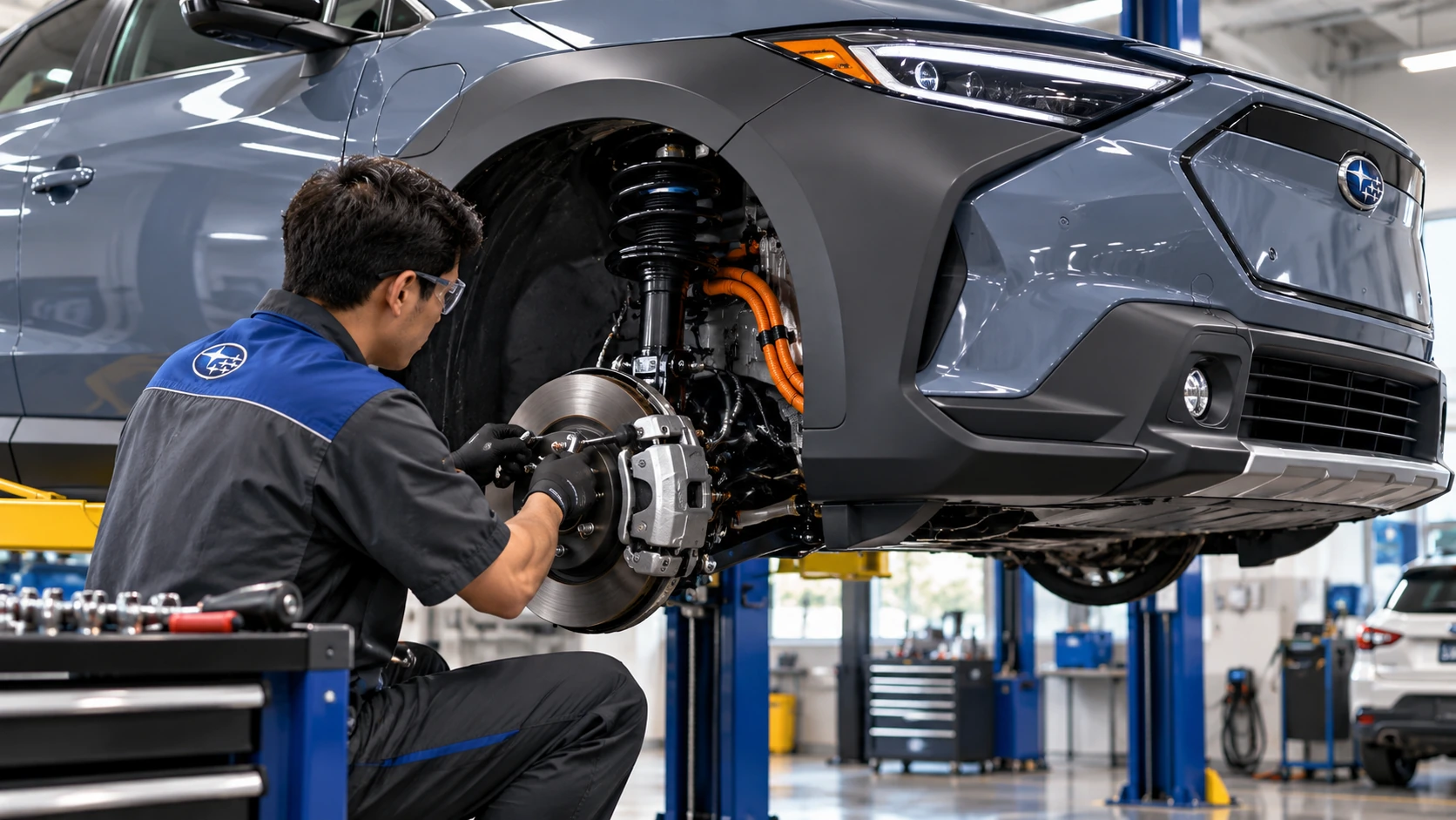 Technician working on car wheel and tire maintenance
