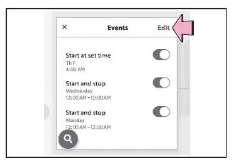 Subaru Solterra scheduled events edit menu for modifying charging schedules