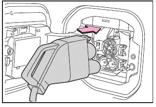 Subaru Solterra DC fast charging connector fully inserted into charging inlet