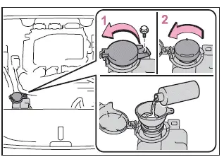 Subaru Solterra adding coolant to reservoir after cooling system inspection