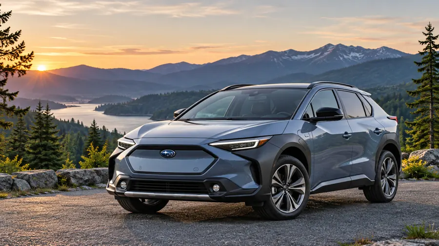 Subaru Solterra electric SUV at a mountain viewpoint